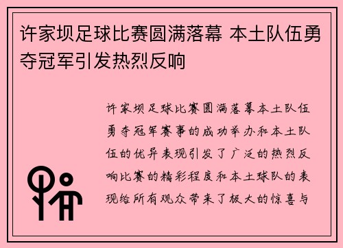 许家坝足球比赛圆满落幕 本土队伍勇夺冠军引发热烈反响