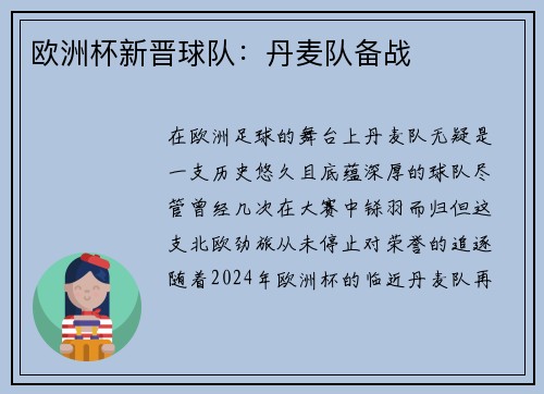 欧洲杯新晋球队：丹麦队备战