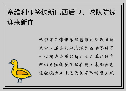 塞维利亚签约新巴西后卫，球队防线迎来新血