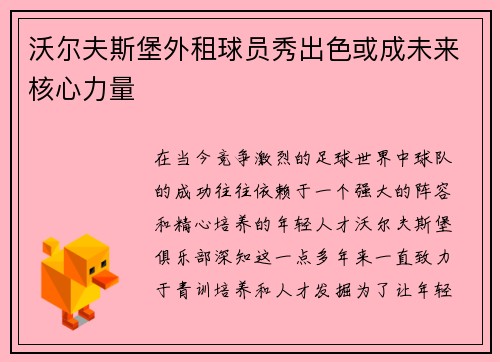 沃尔夫斯堡外租球员秀出色或成未来核心力量