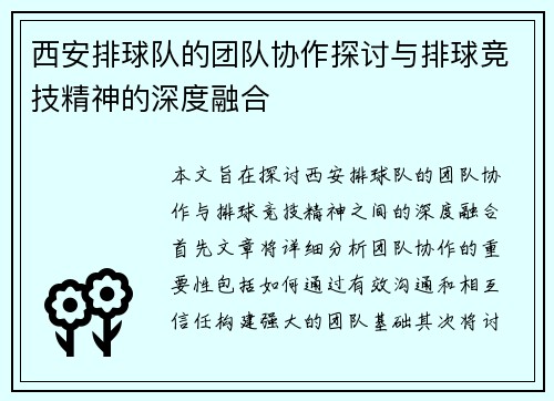 西安排球队的团队协作探讨与排球竞技精神的深度融合